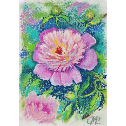 Peony Painting Flower Original Art, PEONY Oil Pastel Painting, Original Wall ART, Small painting - 030