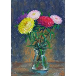 aster painting, original wall art, flowers oil pastel - 031