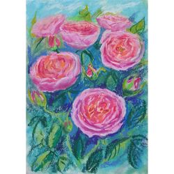 OIL PASTEL Painting, Original Wall ART, FLOWERS ART - ENGLISH ROSE BUSH - 032