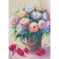 oil pastflower painting - asters - original art, floral wall art, oil pastel artwork - 034