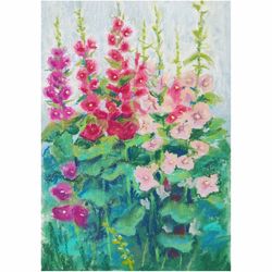 OIL PASTFL Painting - STOCK ROSE - Original Art, Floral Wall Art, Oil pastel Artwork - 036