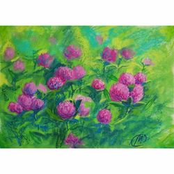 oil pastfl painting - red clover - original art, floral wall art, oil pastel artwork - 037
