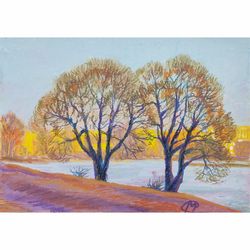 original painting - golden dawn - wall art - oil pastel artwork - 038