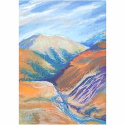 MOUNTAINS Landscape, ORIGINAL Painting, SMALL Wall Art , Oil pastel Artwork - 046