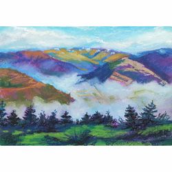 MOUNTAINS Landscape, ORIGINAL Painting, SMALL Wall Art , Oil pastel Artwork - 047