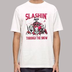 horror characters christmas slashin' through the snow t shirt