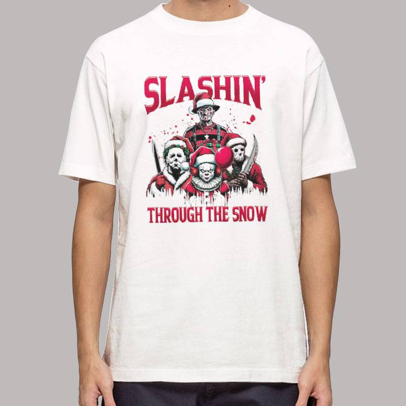 Horror Characters Christmas Slashin Through The Snow T Shirt 0