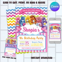 care bears birthday invitation, birthday party invitation, party invitation, care bears invitation