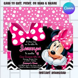 editable light pink minnie mouse birthday invitation, girls birthday invitation, printable invitation, pink minnie invit