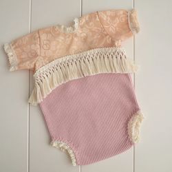 Newborn girl beige and pink lace romper photo prop in boho style