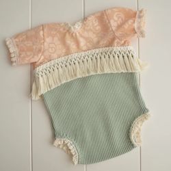 Newborn girl beige and green lace romper photo prop in boho style