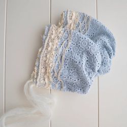 Newborn girl lace blue and beige bonnet photo prop