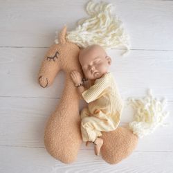 Beige horse newborn posing pillow photo prop. Newborn posing toy. First picture prop . Photography stuff for newborn