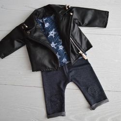 Newborn biker photo prop set: leather jacket , t-shirt and jeans
