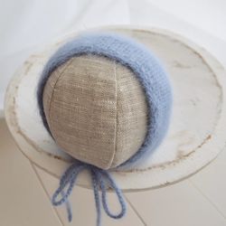 Newborn boy knitted navy blue bonnet photo prop. Baby boy fuzzy angora hat for first photo shoot. Brushed newborn props.