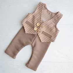 Brown newborn boy photo prop outfit: vest and pants set. Beige new baby first picture clothes. Suit newborn photography