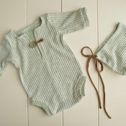 Newborn boy sage green romper and hat outfit photo prop.
