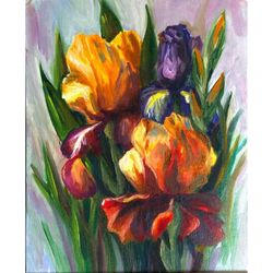 Irises Original Oil Painting Yellow Flowers Wall Art Floral 8"x10" by ArtShklyar