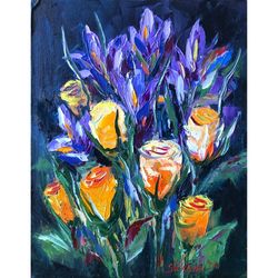 Irises oil Painting Yellow Roses Original Oil Art Flowers Bouquet Impasto Wall Art Gift 8"x 10" by ArtShklyar
