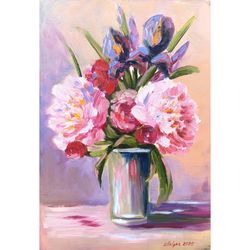 Peonies Painting Flowers Irises Original Oil Art Impasto 8"x12" by Natalia Shklyar