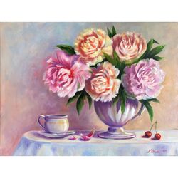 Peonies Painting Pink Flowers Original Oil Art Bouquet Still life big painting 18"x24' by ArtShklyar