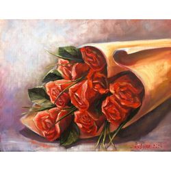 Red Roses Painting Original Art Bouquet Flowers Wall Art Valentine's Day Gift Oil Painting 11"x14"