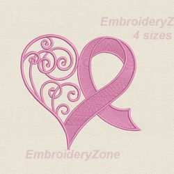 Pink ribbon and curl heart machine embroidery design, pink ribbon avareness embroidery pattern, 5 sizes