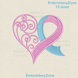 Blue and pink ribbon machine embroidery design, breast cancer awareness ribbon embroidery pattern, 13 sizes