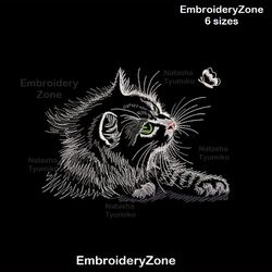 Night cat and butterfly embroidery design, cat embroidery, cat embroidery pattern, black cat , kitty embroidery, 4 sizes