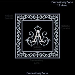 frame square machine embroidery design for monogram letters font, square wreath with curls embroidery pattern frame