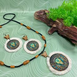 A set of interesting handmade jewelry.Handmade jewelry. Creative earrings.