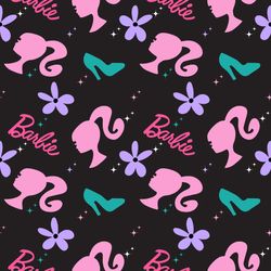 Barbie Black Cotton Fabric with Multi Shoes, Flowers & Barbie Name, 58in Width, BTY