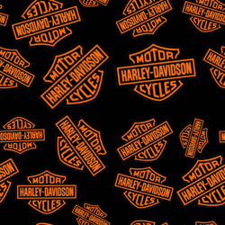Harley Davidson Black w/Orange HD Logos Cotton Weight Fabric, 58in Width, BTHY