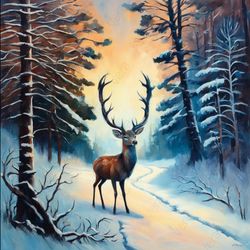 Digital Art. Winter Wonderland: Digital Deer Painting