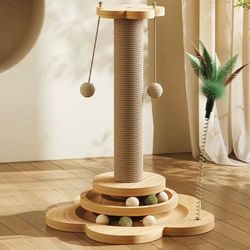 Pet Cat Toy Solid Wood Cat Turntable Funny Cat Stick Balls Durable Sisal Scratching Board