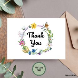 Forest Flowers Wreath Thank You Card - DIGITAL Download - Printable Thank You Greeting Card - Digital Thank You Card