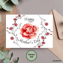 Printable Happy Mother's Day Card - Red Rose and Flowers Mothers Day Card - Mother's Day Greeting Card - Card for Mum
