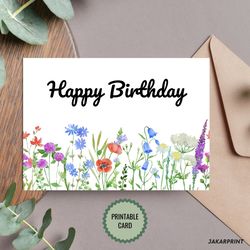 Printable Birthday Card - Wildflowers Birthday Card - Print at Home Happy Birthday Card, Digital Download, Greeting Card