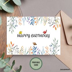 Printable Birthday Card - Birds and Flowers Birthday Card - Print at Home Happy Birthday Card, Digital Download