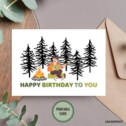 Printable Birthday Card - Campfire in the Forest Birthday Card - Print at Home Happy Birthday Card, Digital Download