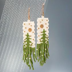 Trees-Patterned green Japanese Bead and sterling Silver Earrings: A Fusion of Elegance and Nature