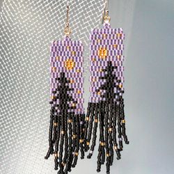 Trees-Patterned grey sky at night Japanese Bead and sterling Silver Earrings A Fusion of Elegance and Nature