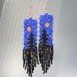 Trees-Patterned blue sky at night Japanese Bead and sterling Silver Earrings A Fusion of Elegance and Nature