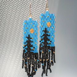 Trees-Patterned light blue sky at night Japanese Bead and sterling Silver Earrings A Fusion of Elegance and Nature