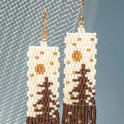 Trees-Patterned matte brown pine Japanese Bead and sterling Silver Earrings A Fusion of Elegance and Nature