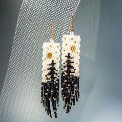 Trees-Patterned shiny black pine Japanese Bead and sterling Silver Earrings A Fusion of Elegance and Nature
