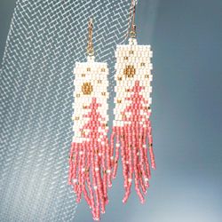 Trees-Patterned pink pine Japanese Bead and sterling Silver Earrings A Fusion of Elegance and Nature