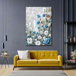 abstract wall art, blue white flowers canvas art, living room wall decor, roll up canvas, stretched canvas art