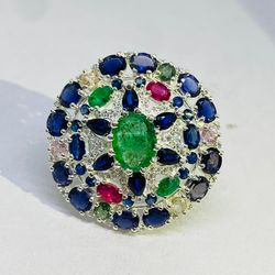Supreme Quality Natural Emerald ,Ruby,Sapphire Ring In 925 Sterling Silver,Cocktail Ring