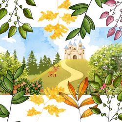 Green Colorful Watercolor Fairy Tale Forest Castle Desktop Wallpaper